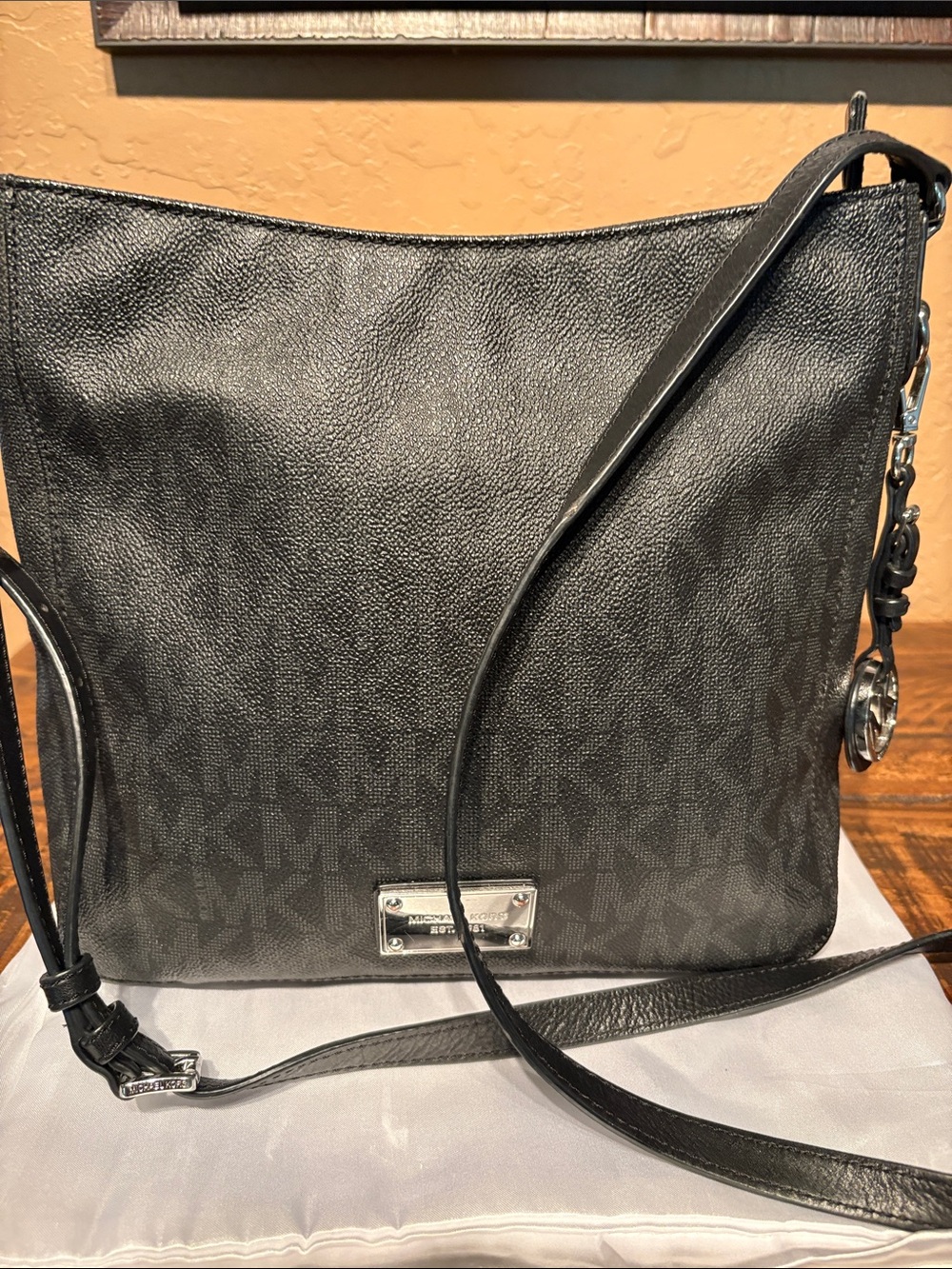 Michael Kors Black Pebbled Leather MK Monogram Crossbody Bag EUC